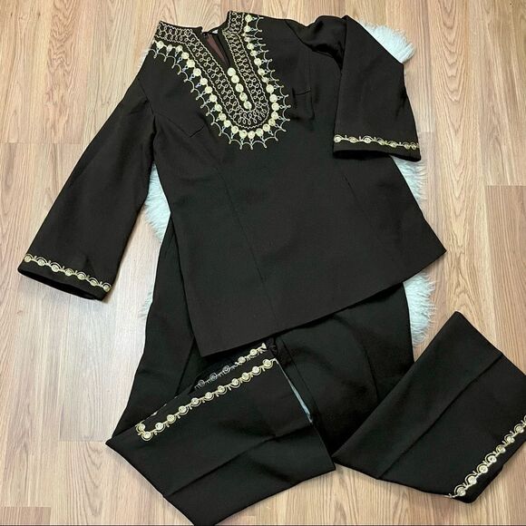 60’s/ 70’s Brown and Gold Tunic and Pants Suit Ornate Gold Trim S/M - Picture 1 of 14
